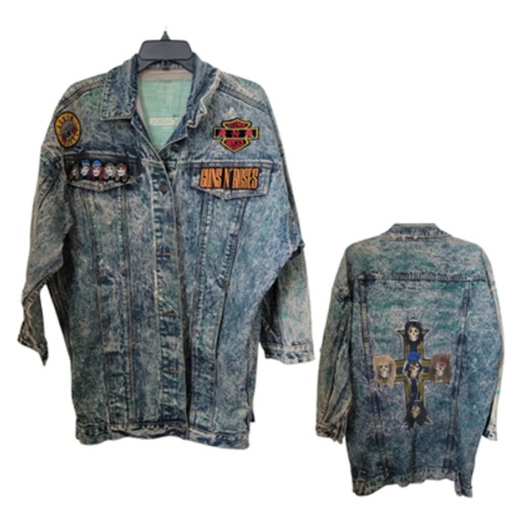 Vintage 80s Jordache Denim Distress Jacket Guns N' Roses Patch‎ Acid Wash Medium